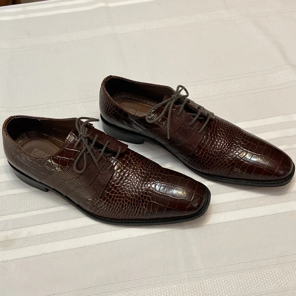Stacy Adams Mens Brown Croc Print All Leather Oxford Dress Shoe - Nice! size 10